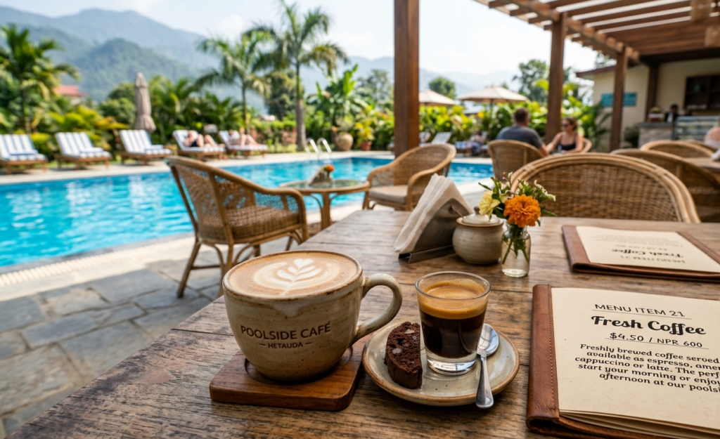A close-up shot of a rustic wooden table featuring a ceramic mug with latte art and a glass of espresso next to an open menu. In the background, a sunny poolside café with a swimming pool, lounge chairs, and palm trees opens up under a clear sky.