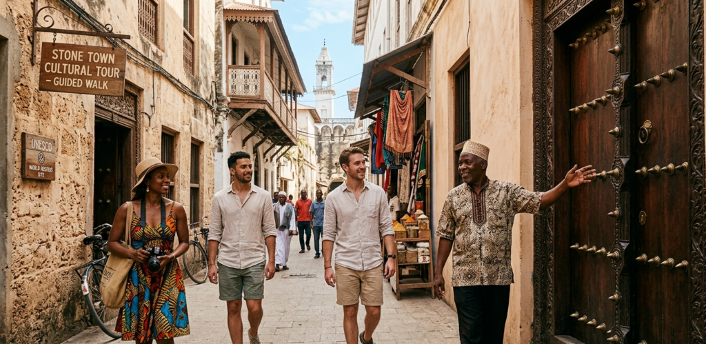 A local tour guide in traditional attire points out a historic, spiked wooden door to a group of three tourists walking through a narrow, sunlit street in Stone Town, Zanzibar.