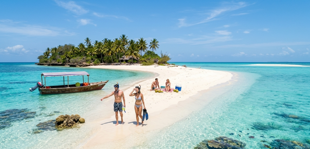 A high-angle view of a curved white sandbank in Zanzibar with tourists walking, a traditional motorized boat anchored in the clear turquoise water, and a palm tree island in the background.