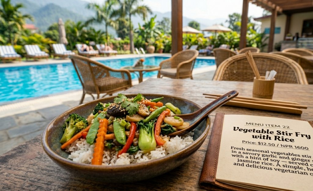 A detailed view of a ceramic bowl filled with colorful vegetable stir-fry and steamed rice on a rustic wooden table, sitting next to an open leather menu booklet and wooden chopsticks, with a sunny resort pool and mountains blurred in the background.